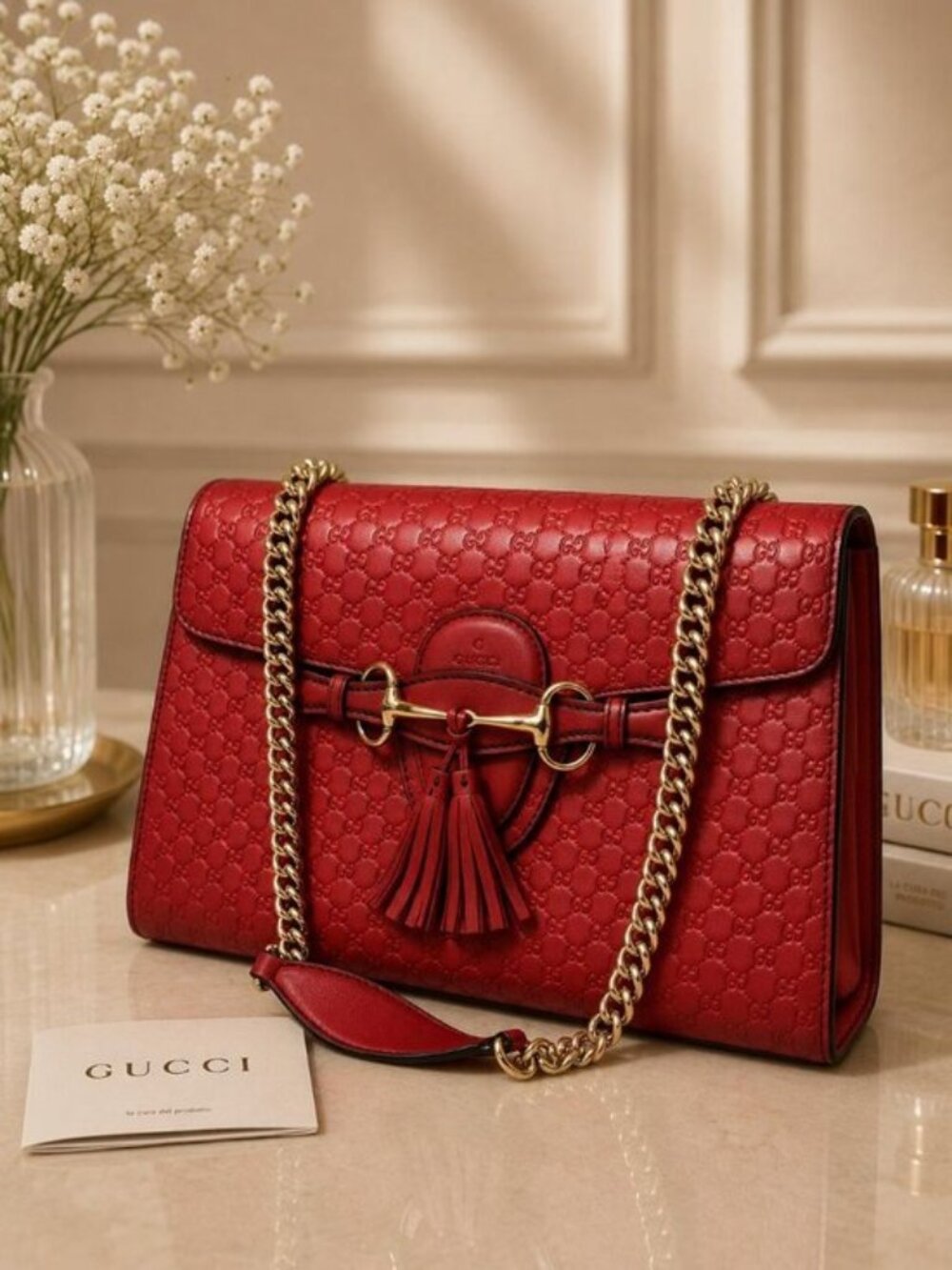 Authentic Gucci Emily Microguccissima Red Leather Chain Shoulder Bag